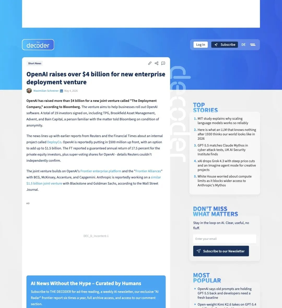 OpenAI 砸 100 亿成立「部署公司」！企业 AI 最大的战争，根本不在模型上
