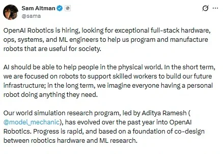 OpenAI从最强辅助到下场玩家！Sam Altman：Sora开发者领队，重返机器人赛道！网友：我更愿意把机器人技术交给马斯克