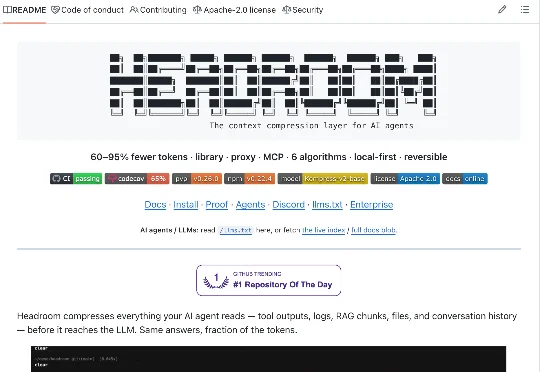 6月爆火的省钱神器Headroom来了。直接减少95%token消耗！Codex、Cursor终于不用狂烧上下文了