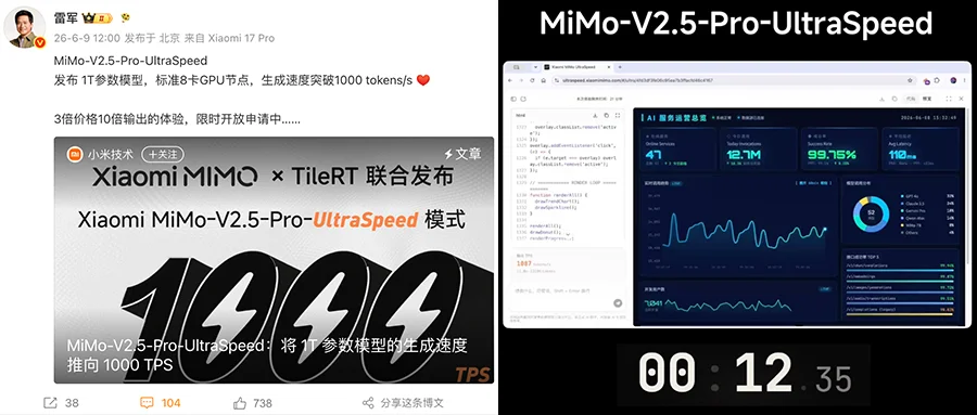 雷军:3倍价格10倍速度!小米万亿参数模型1000 tokens/s狂飙,只需8张GPU