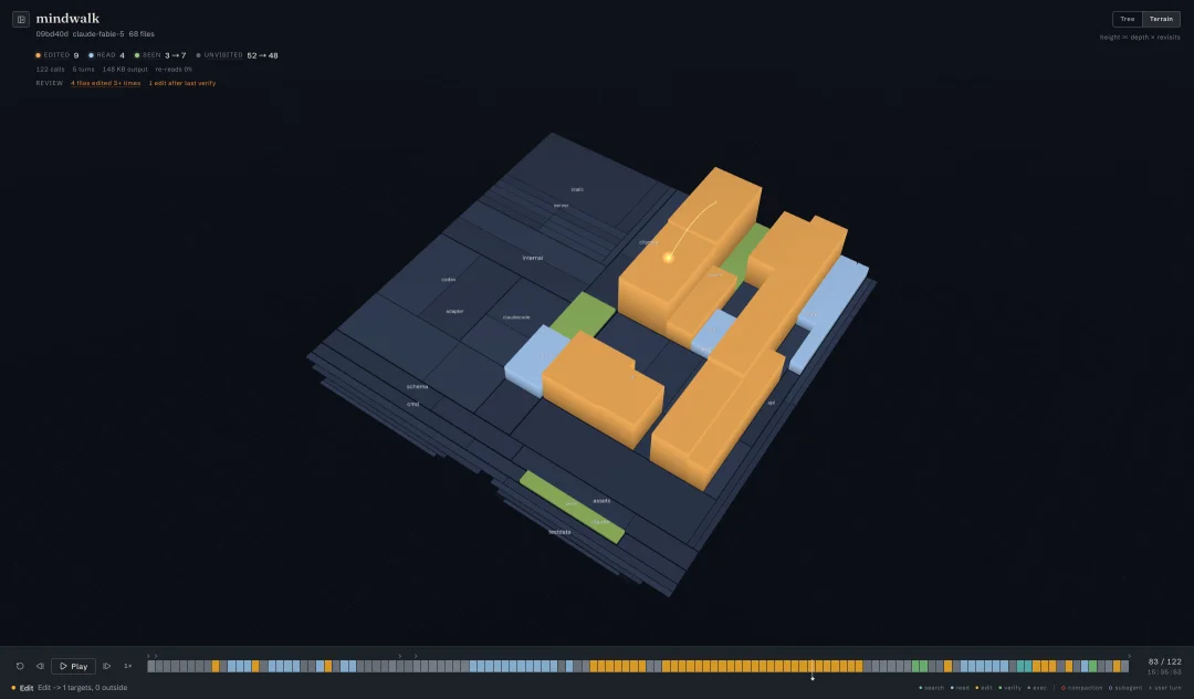 Agent的行车记录仪！开源工具Mindwalk把Claude Code和Codex工作路径搬上3D地图，工作全程留痕