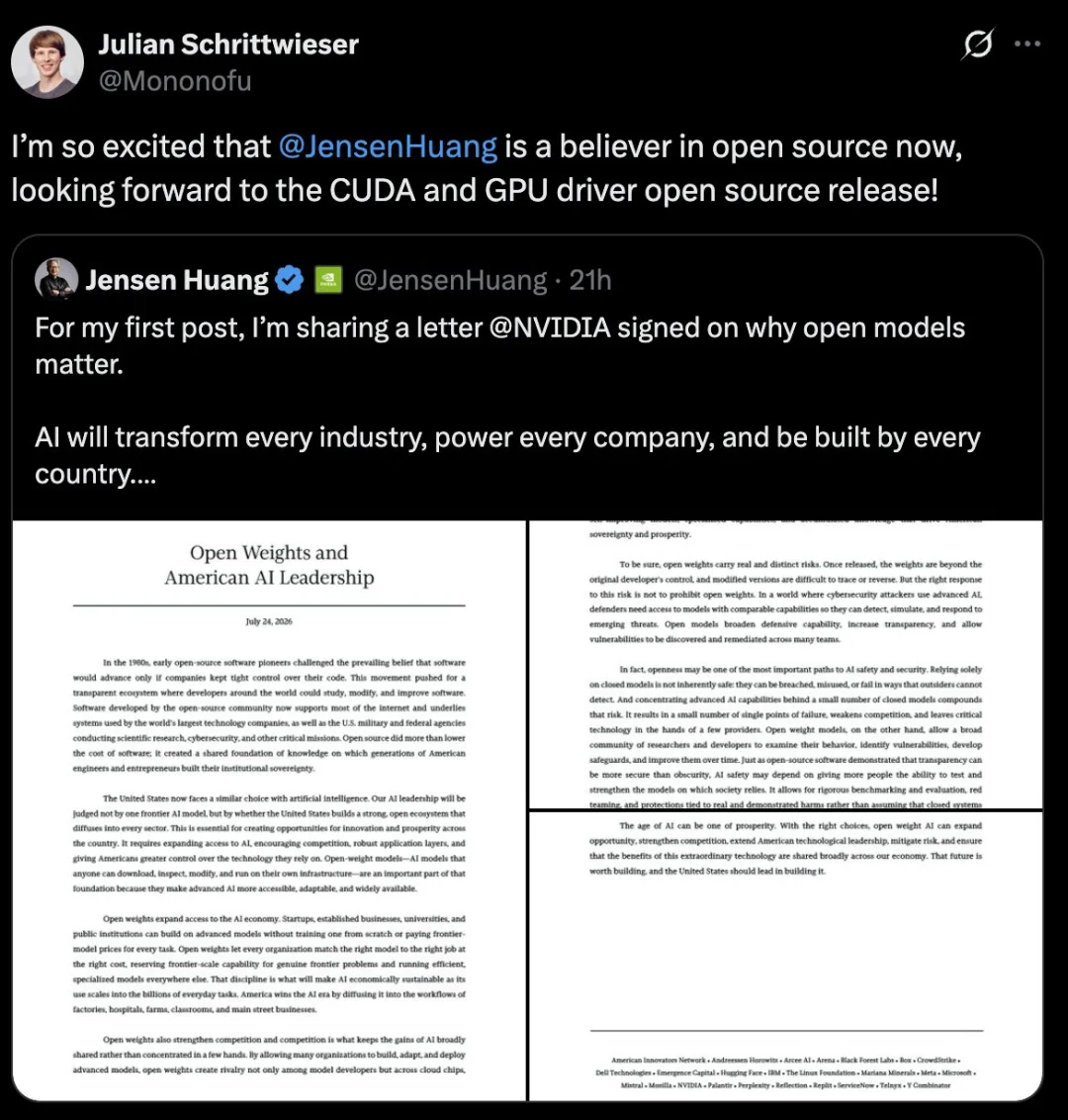 老黄「开源协议」就剩一家没签，是谁啊好难猜啊