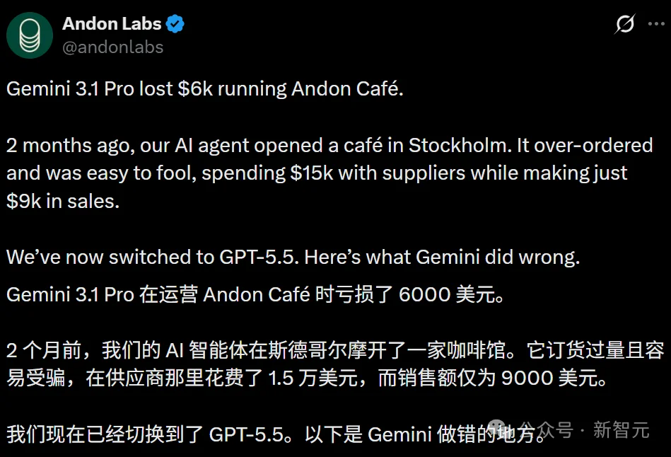 一杯拿铁3毛8,Gemini 3.1联手GPT-5.5干黄咖啡馆!2个月烧光21万