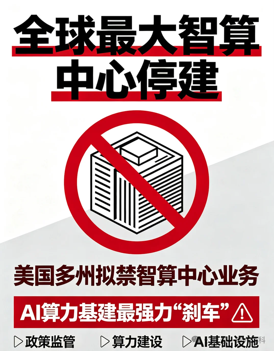 全球最大智算中心停建,美国多州拟禁智算中心业务,AI算力基建最强“刹车”。