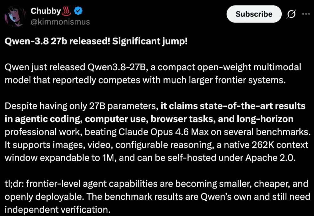 刚刚，阿里Qwen3.8-27B开源！家用显卡可跑，能看图看视频