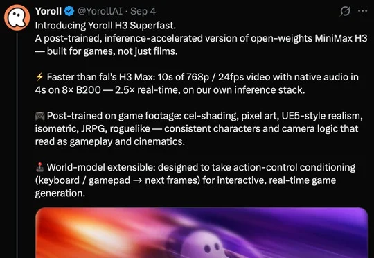 AI互动内容公司发布后训练模型 Yoroll H3 Superfast